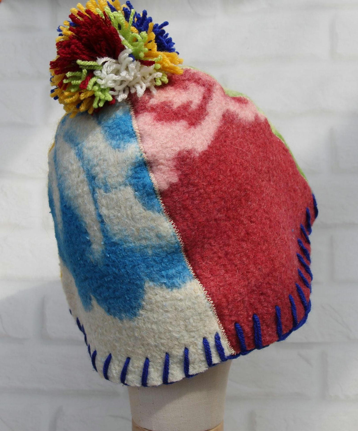 Eco-Friendly Upcycled Wool Sauna Hat 4-Panel Patchwork Design