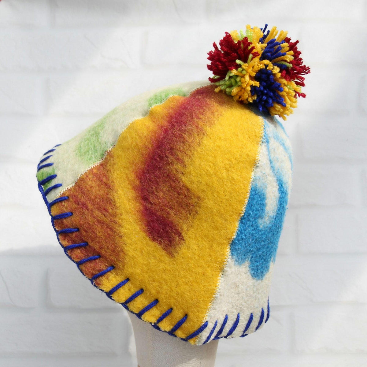 Eco-Friendly Upcycled Wool Sauna Hat 4-Panel Patchwork Design