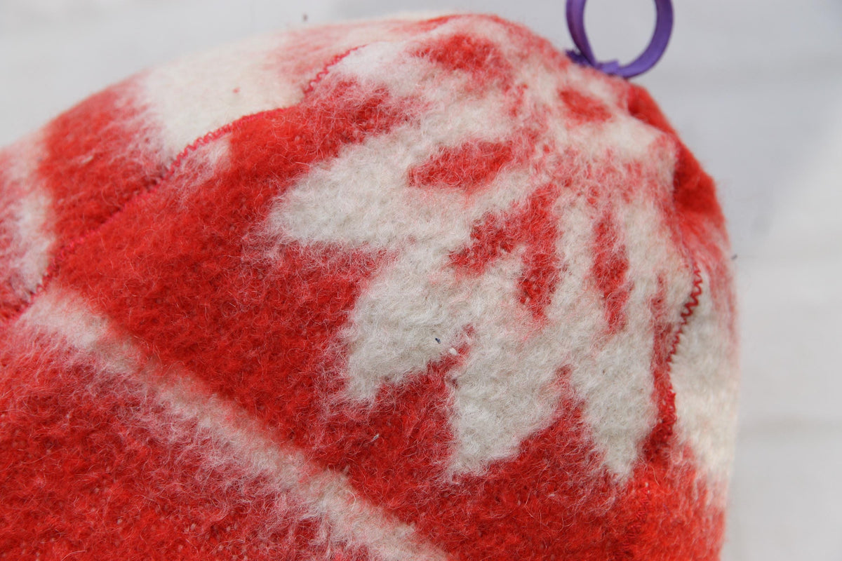 Upcycled Wool Sauna Hat: Red White Pattern, Purple Trim, Banya Accessory