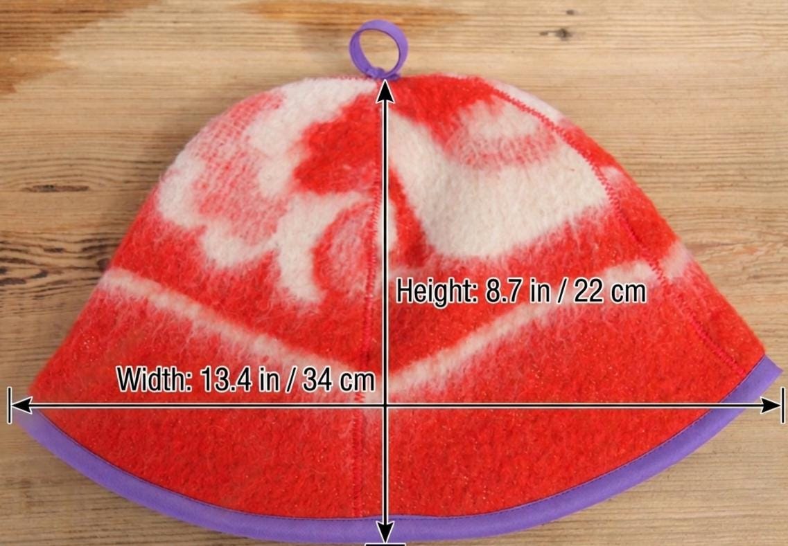 Upcycled Wool Sauna Hat: Red White Pattern, Purple Trim, Banya Accessory