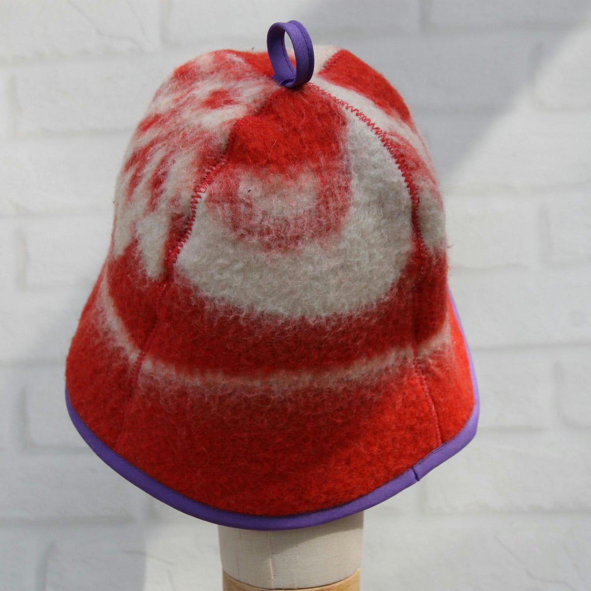 Upcycled Wool Sauna Hat: Red White Pattern, Purple Trim, Banya Accessory