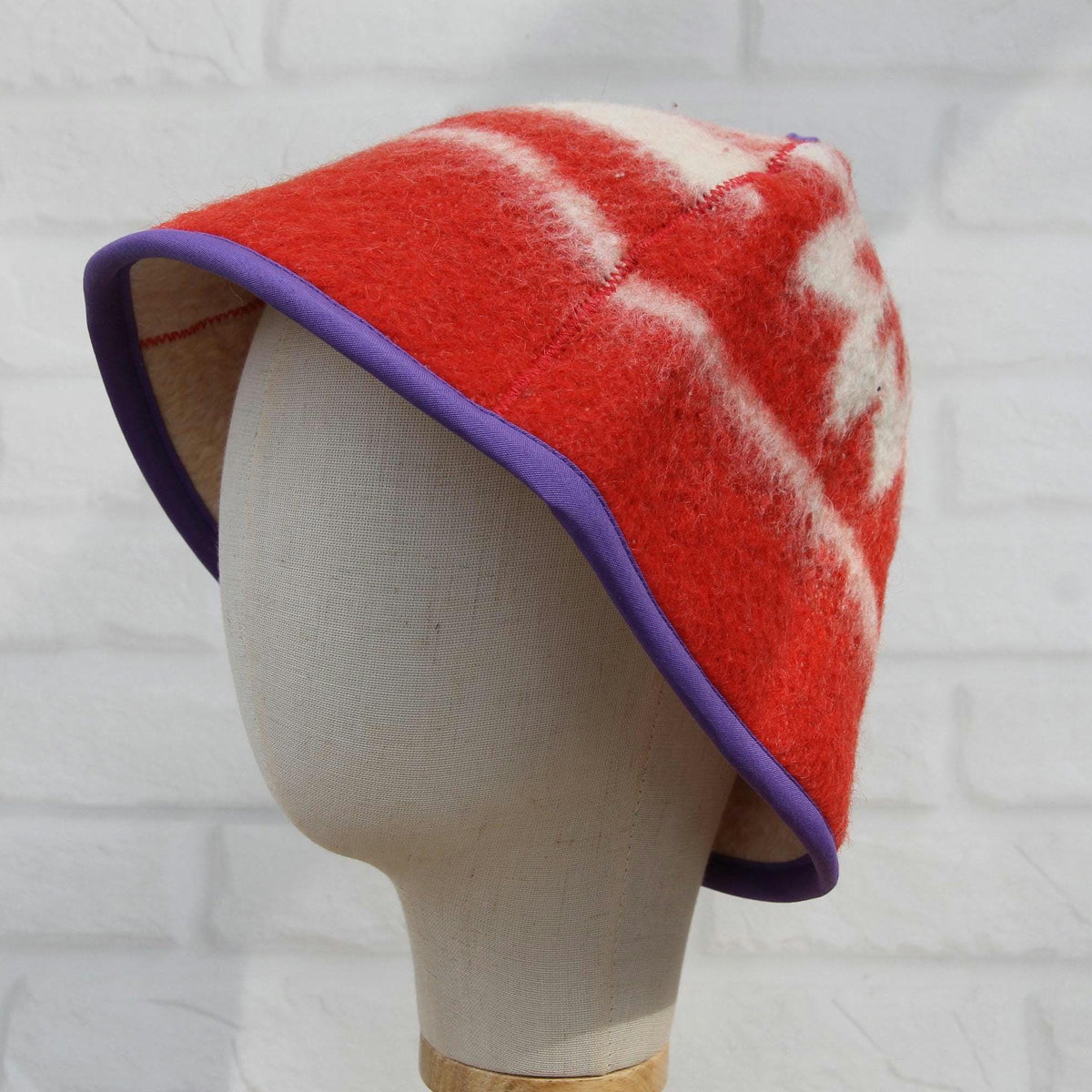 Upcycled Wool Sauna Hat: Red White Pattern, Purple Trim, Banya Accessory