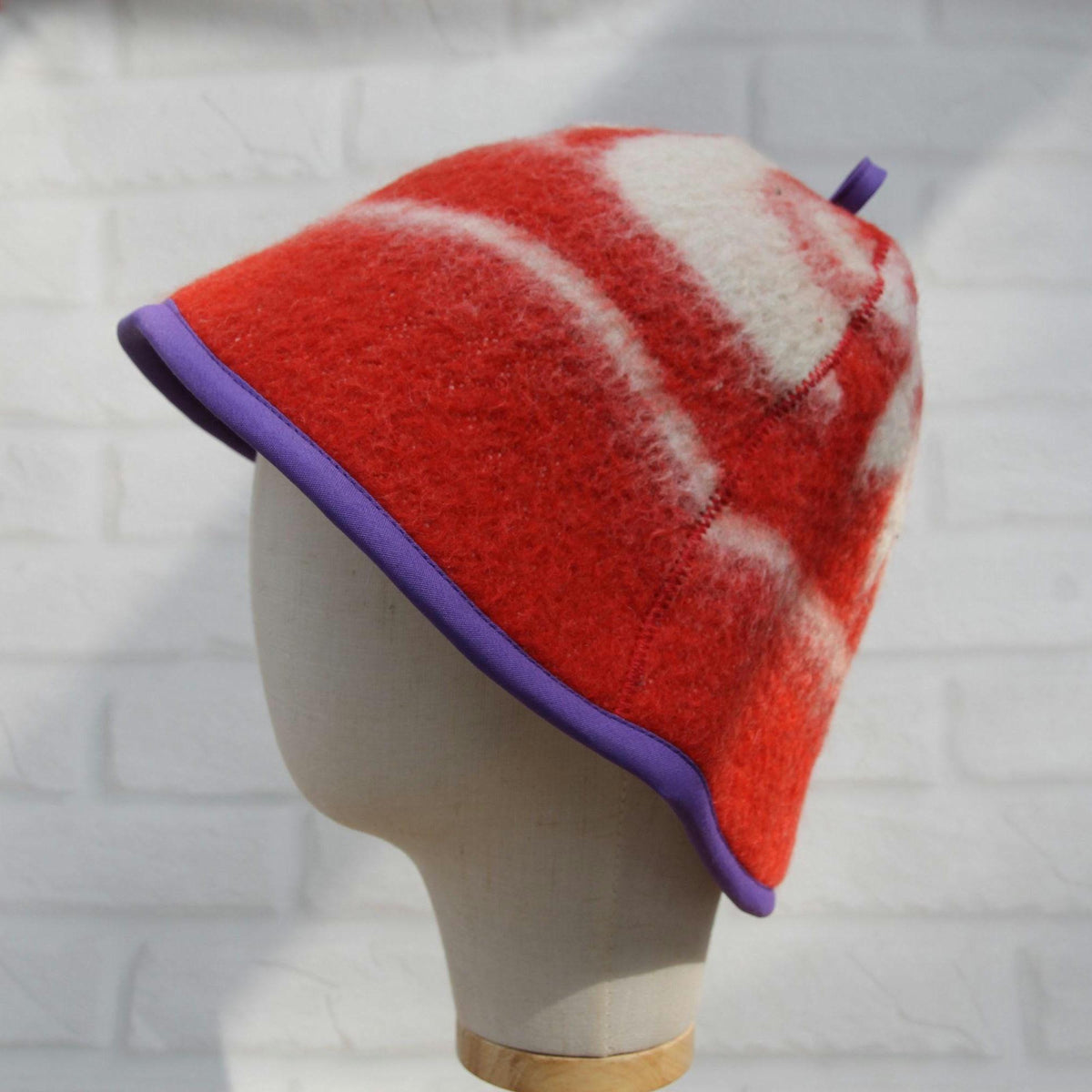 Upcycled Wool Sauna Hat: Red White Pattern, Purple Trim, Banya Accessory