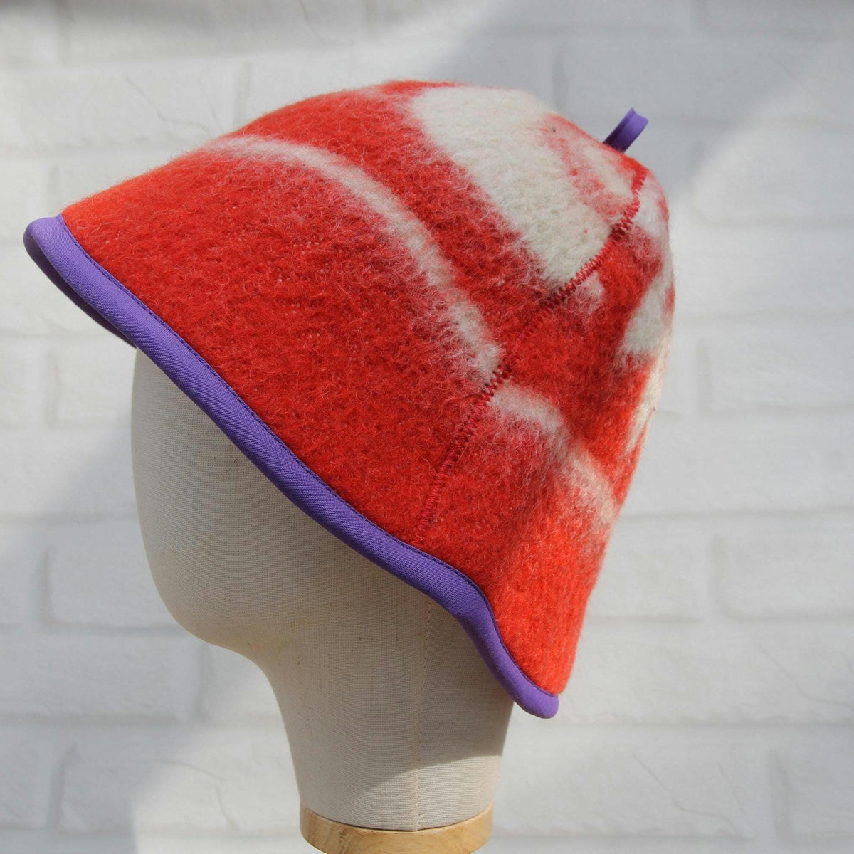 Upcycled Wool Sauna Hat: Red White Pattern, Purple Trim, Banya Accessory