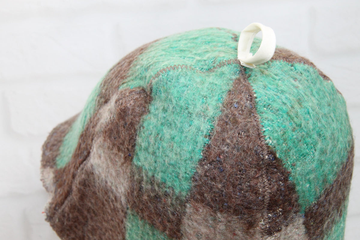 Eco-Friendly Upcycled Wool Sauna Hat, Handcrafted from Vintage Plaid Blanket, One-of-a-Kind, Gray and Green