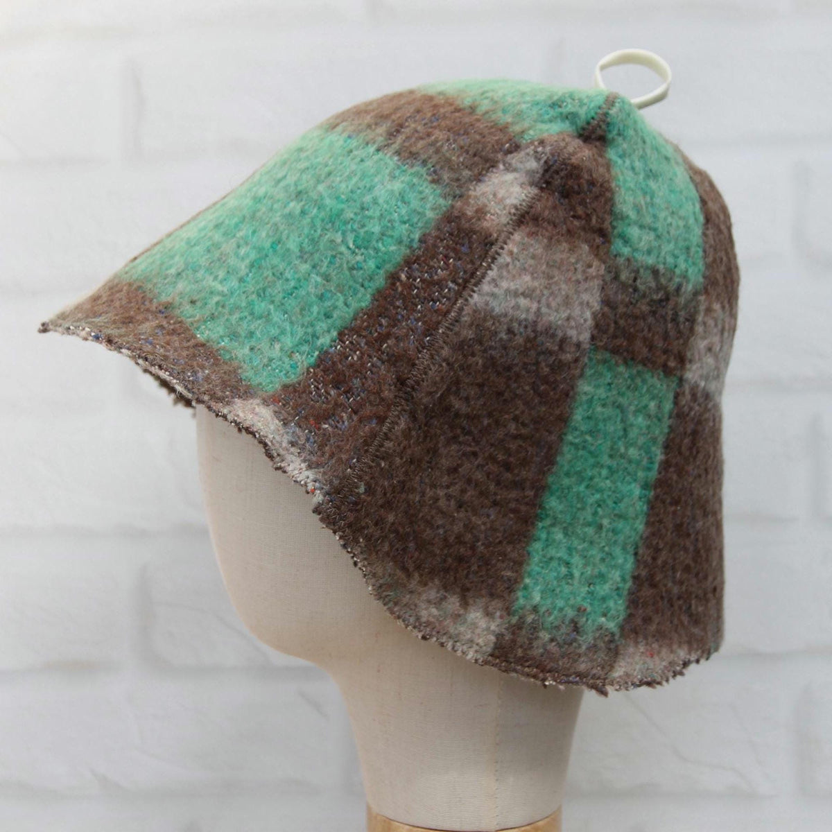 Eco-Friendly Upcycled Wool Sauna Hat, Handcrafted from Vintage Plaid Blanket, One-of-a-Kind, Gray and Green