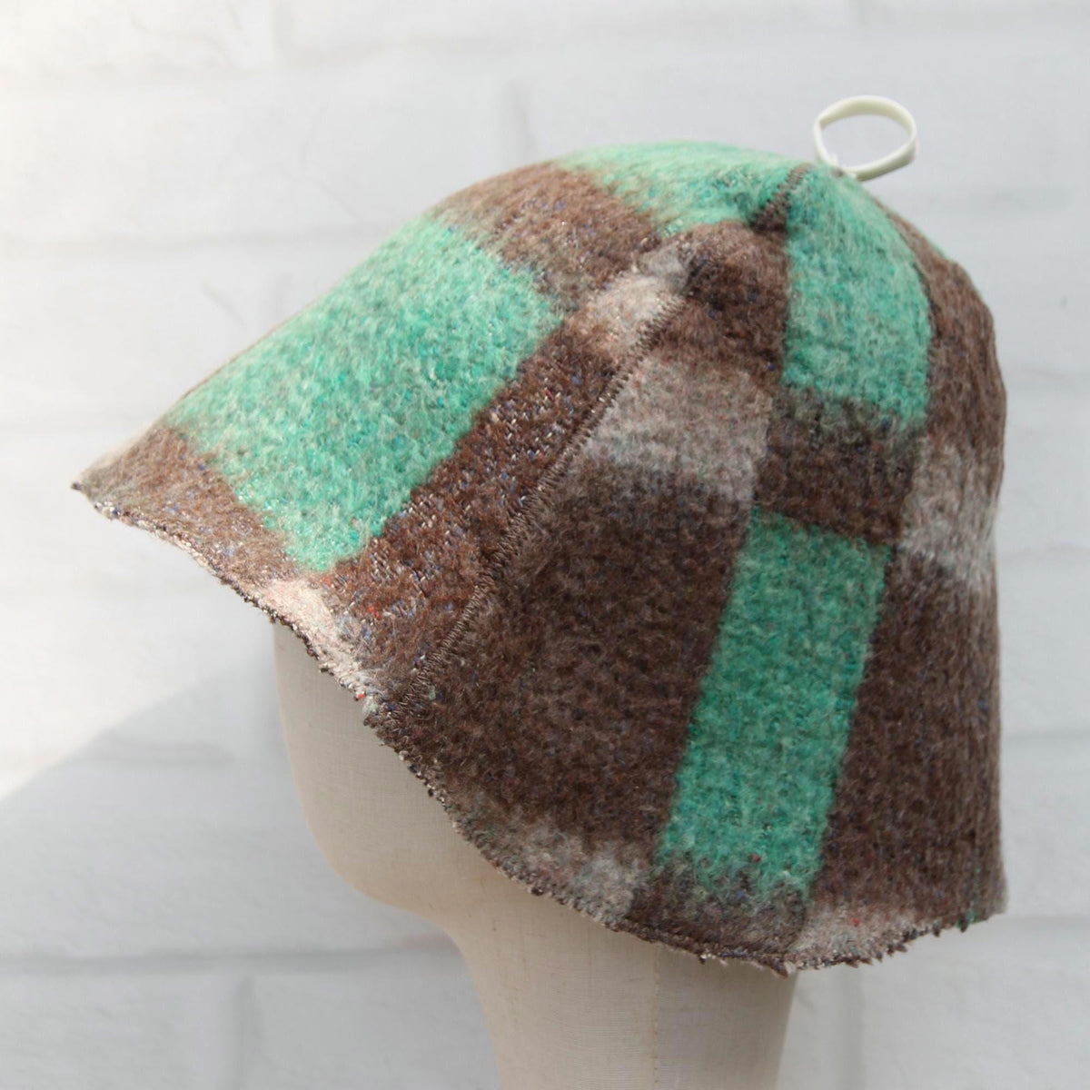 Eco-Friendly Upcycled Wool Sauna Hat, Handcrafted from Vintage Plaid Blanket, One-of-a-Kind, Gray and Green