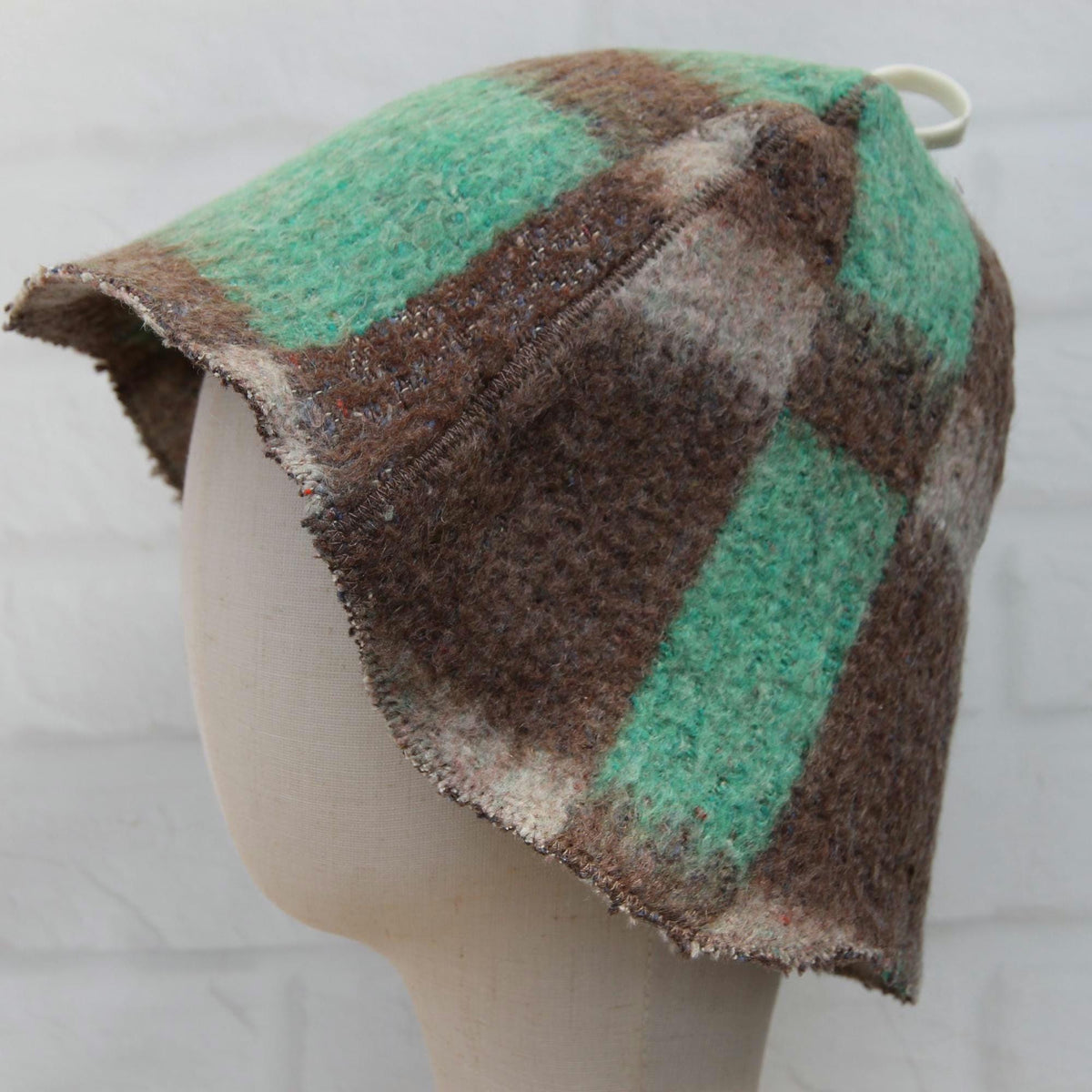 Eco-Friendly Upcycled Wool Sauna Hat, Handcrafted from Vintage Plaid Blanket, One-of-a-Kind, Gray and Green