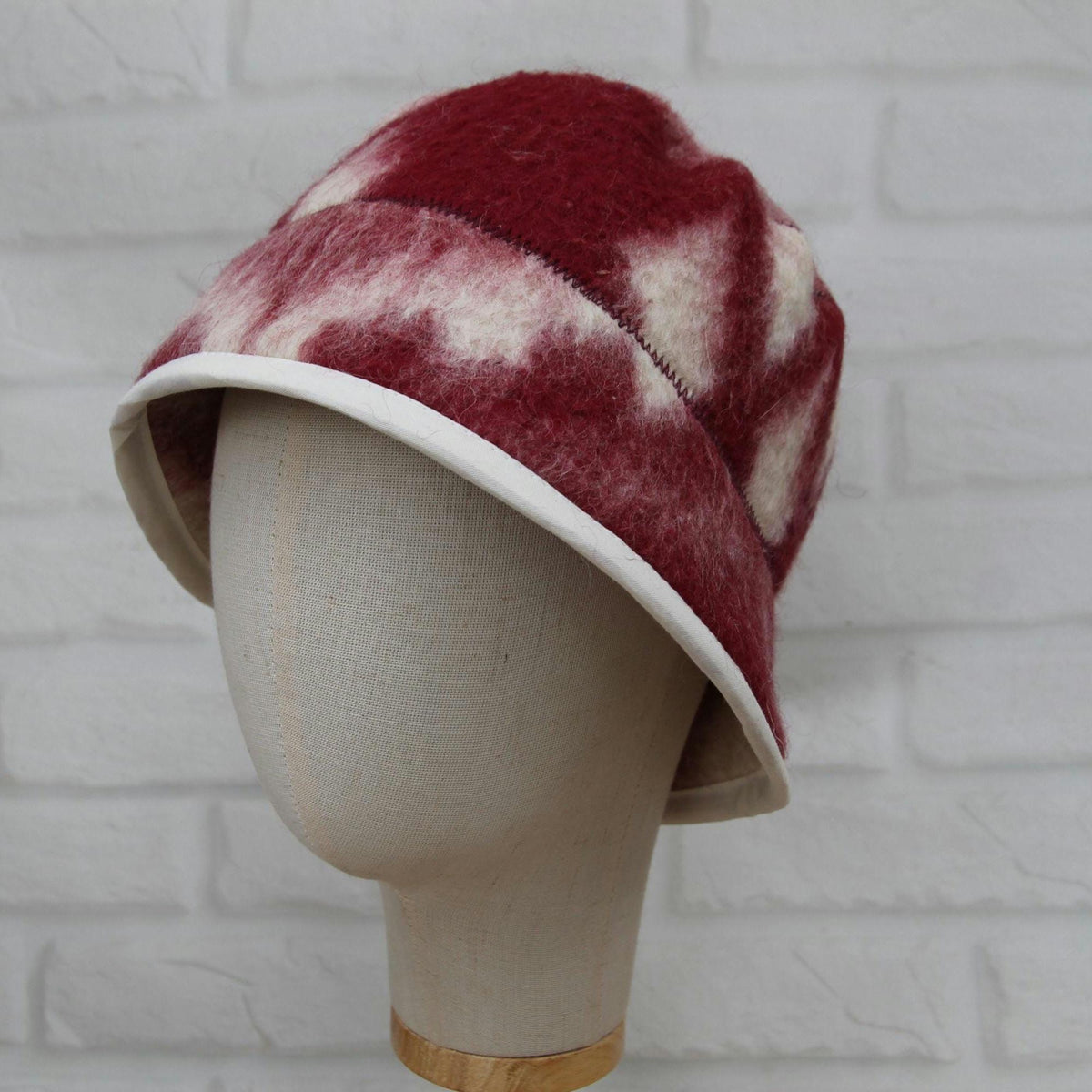 Hand Felted Wool Hat – Burgundy Geometric Sauna Beanie (21-22")