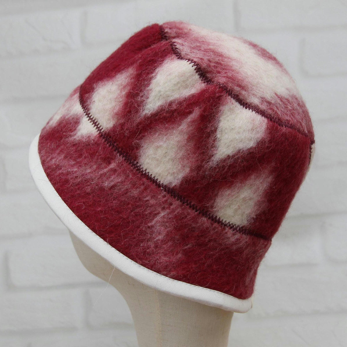 Hand Felted Wool Hat – Burgundy Geometric Sauna Beanie (21-22")