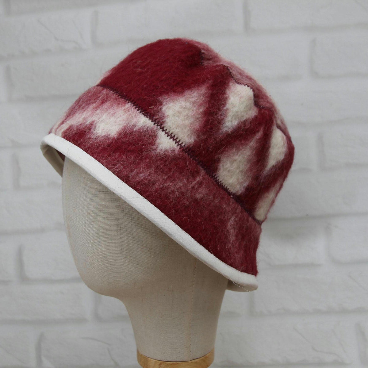 Hand Felted Wool Hat – Burgundy Geometric Sauna Beanie (21-22")