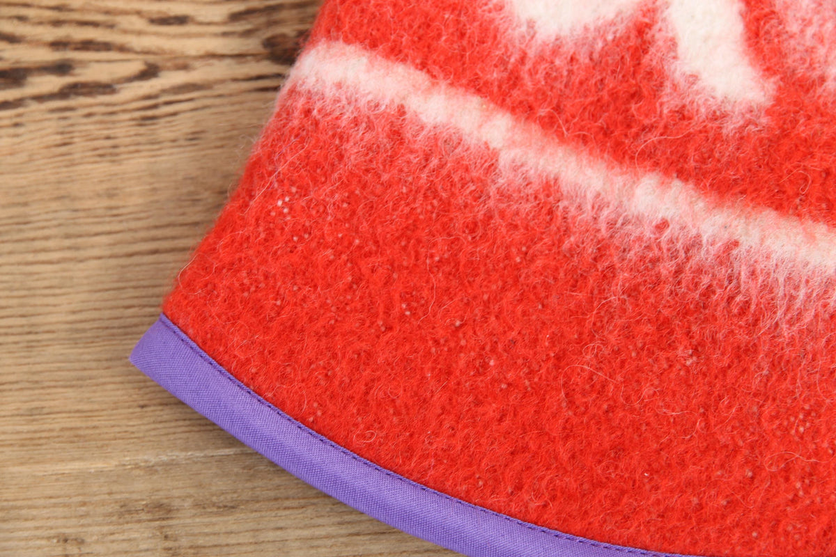 Upcycled Wool Sauna Hat: Red White Pattern, Purple Trim, Banya Accessory