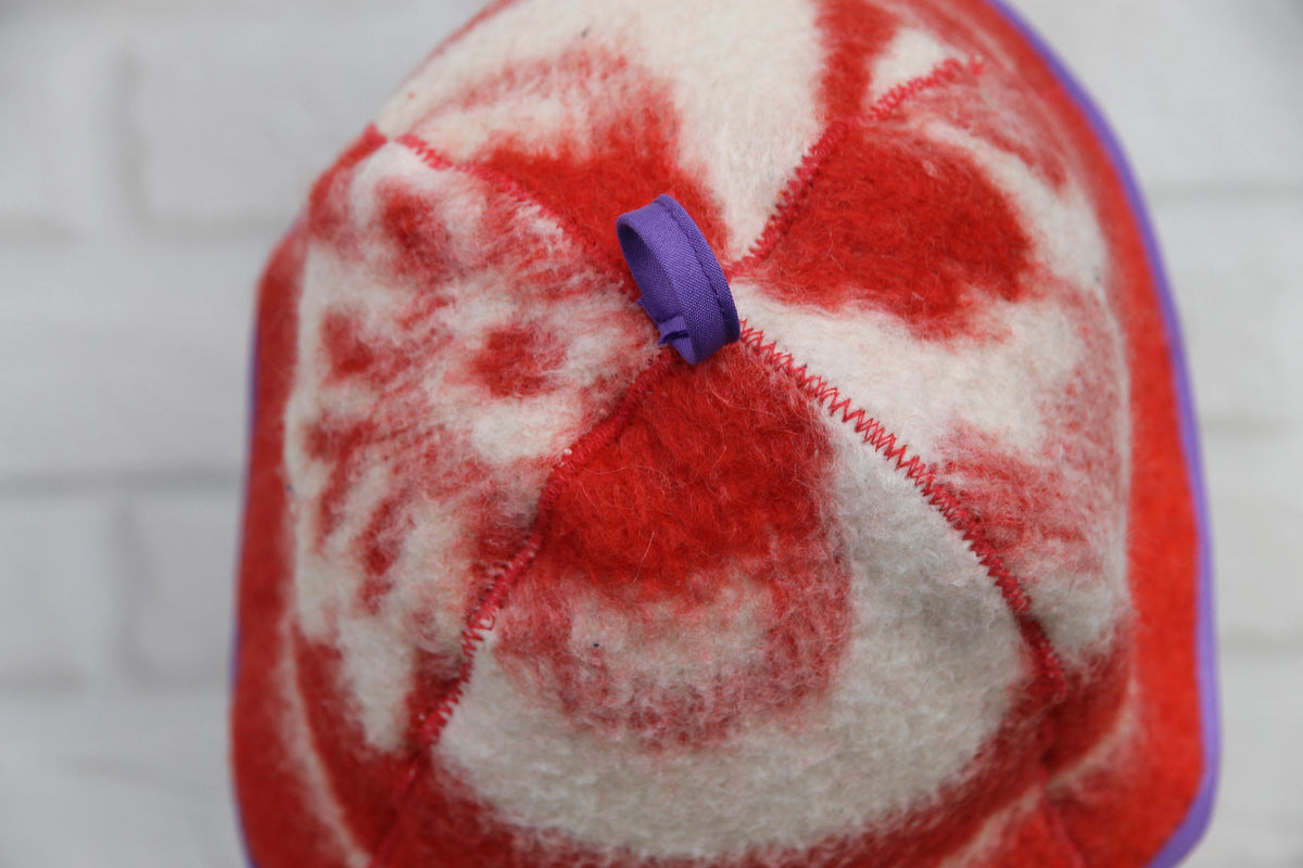 Upcycled Wool Sauna Hat: Red White Pattern, Purple Trim, Banya Accessory