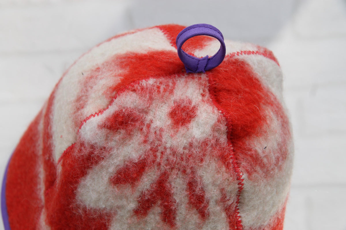 Upcycled Wool Sauna Hat: Red White Pattern, Purple Trim, Banya Accessory