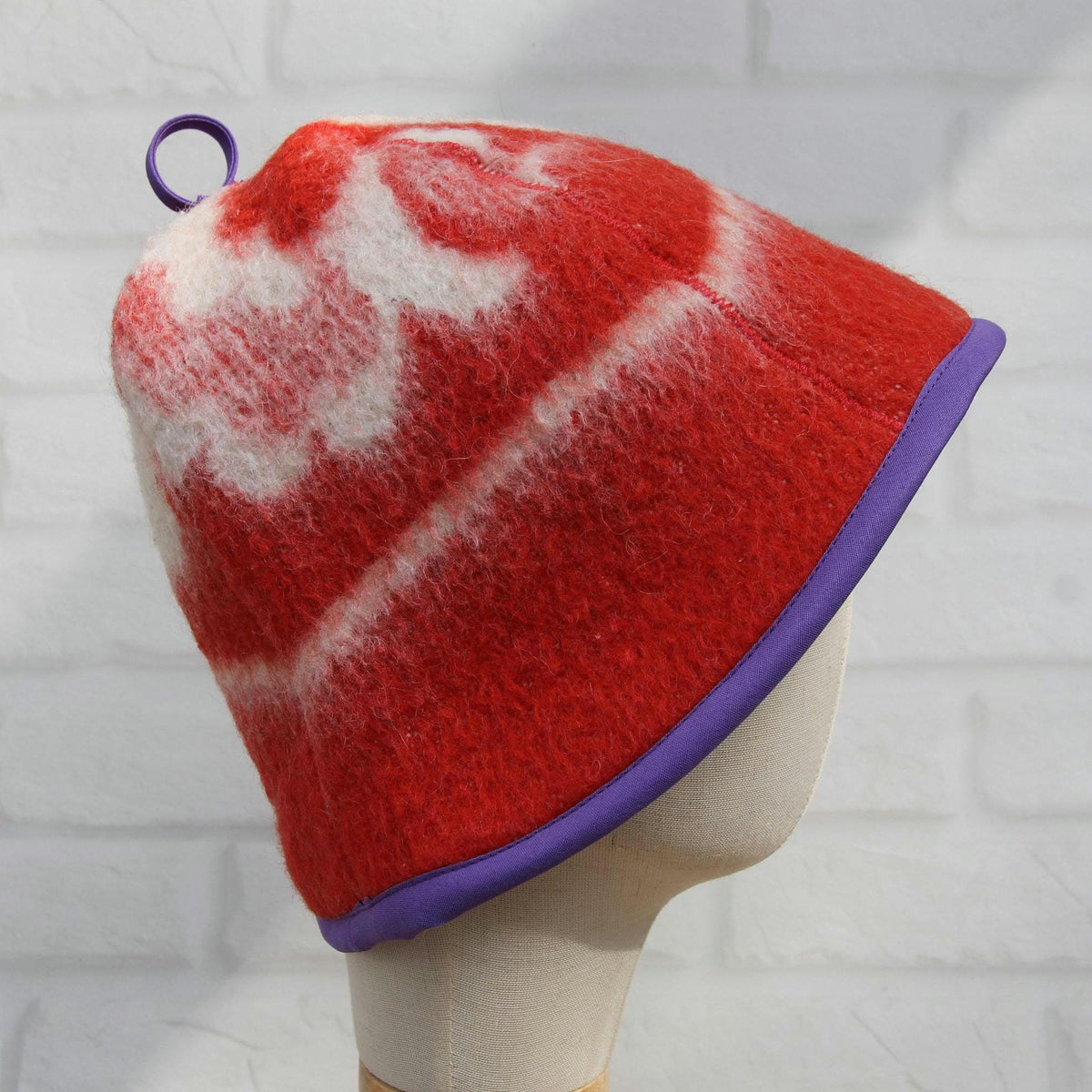Upcycled Wool Sauna Hat: Red White Pattern, Purple Trim, Banya Accessory