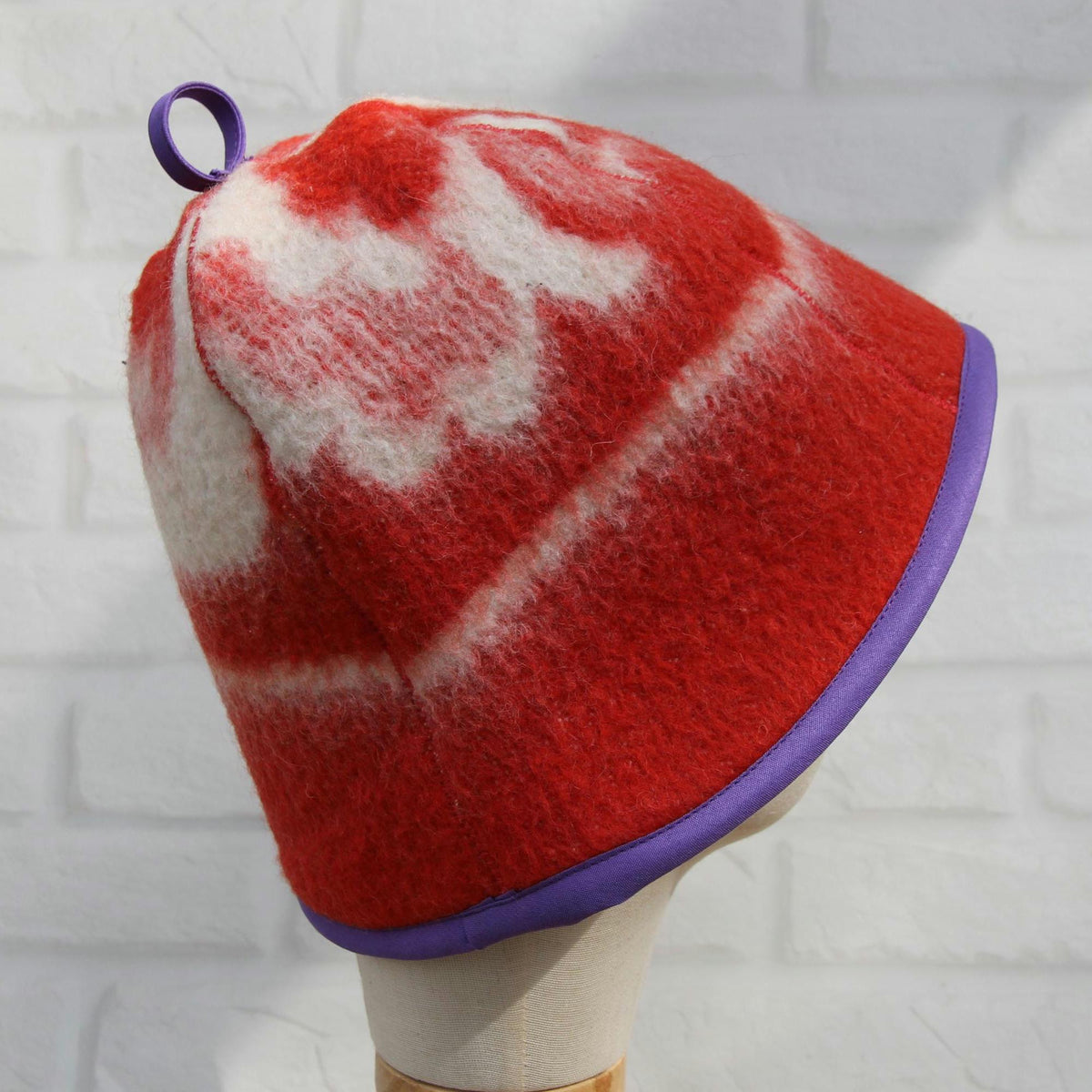 Upcycled Wool Sauna Hat: Red White Pattern, Purple Trim, Banya Accessory