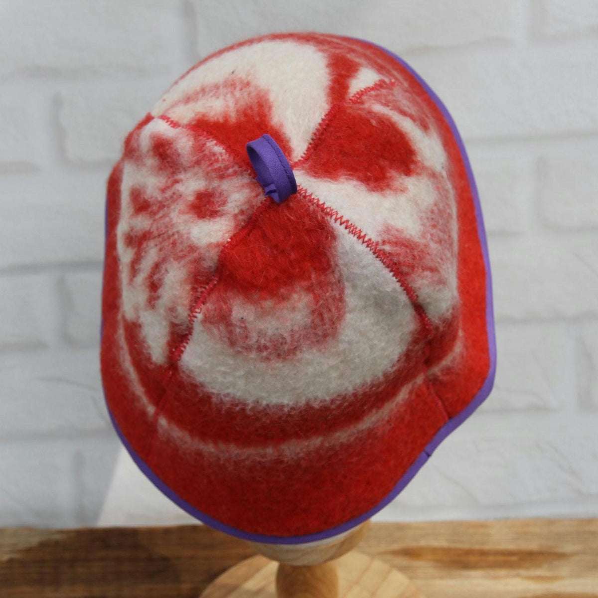 Upcycled Wool Sauna Hat: Red White Pattern, Purple Trim, Banya Accessory