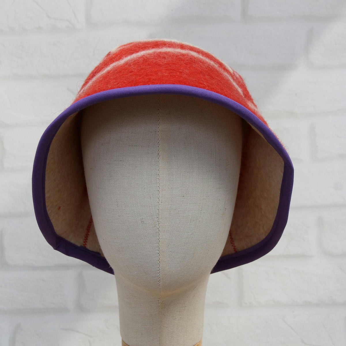 Upcycled Wool Sauna Hat: Red White Pattern, Purple Trim, Banya Accessory