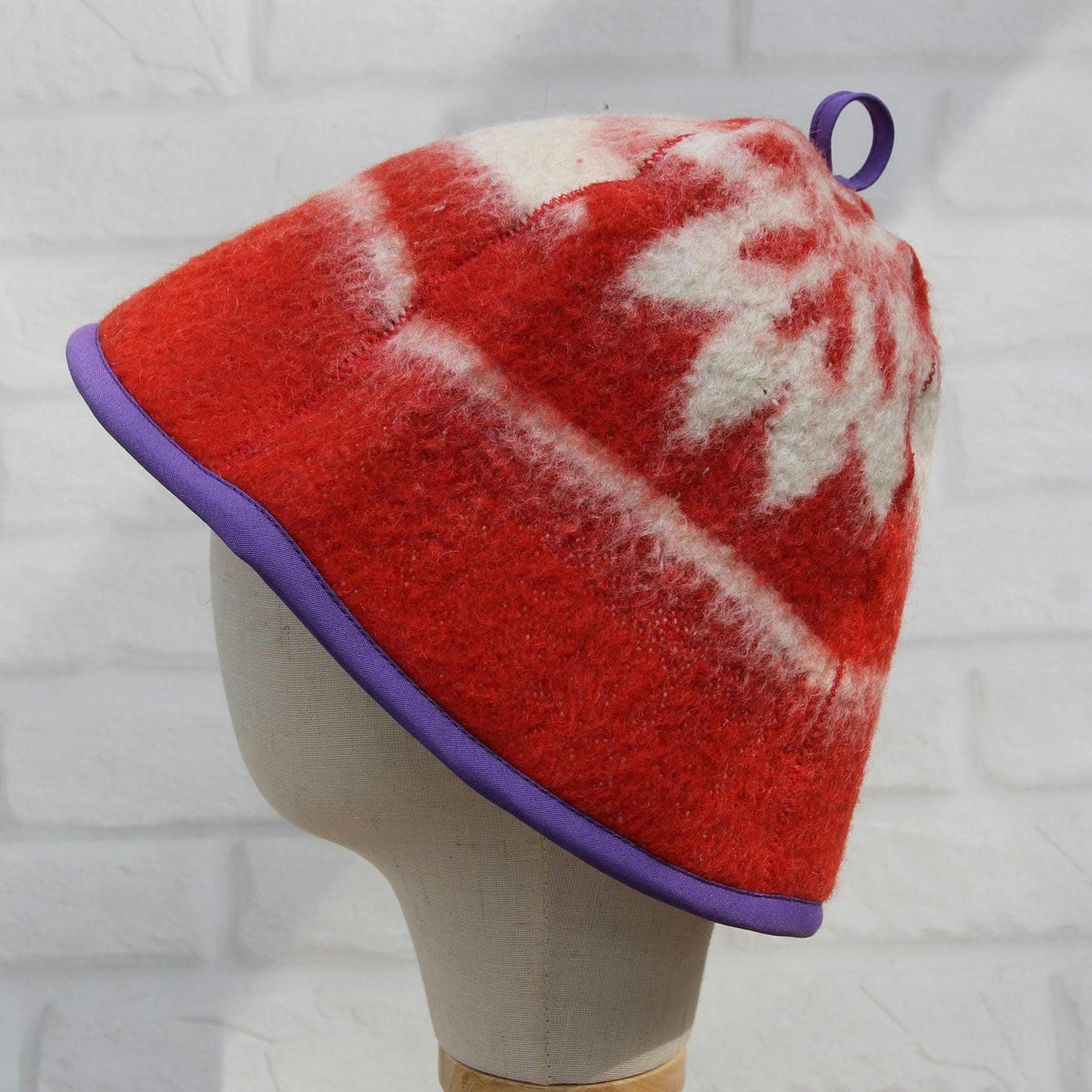 Upcycled Wool Sauna Hat: Red White Pattern, Purple Trim, Banya Accessory
