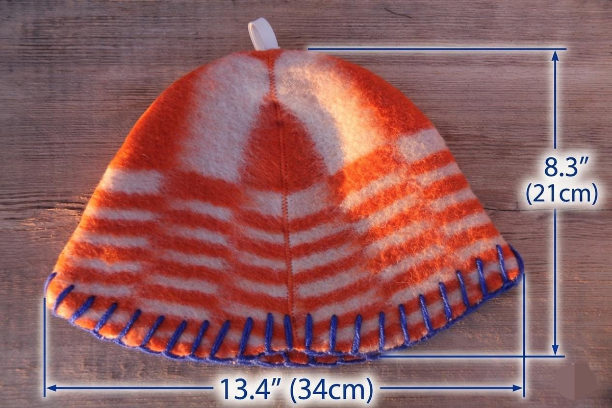 Eco-Friendly Upcycled Wool Sauna Hat – Orange & White Geometric Pattern