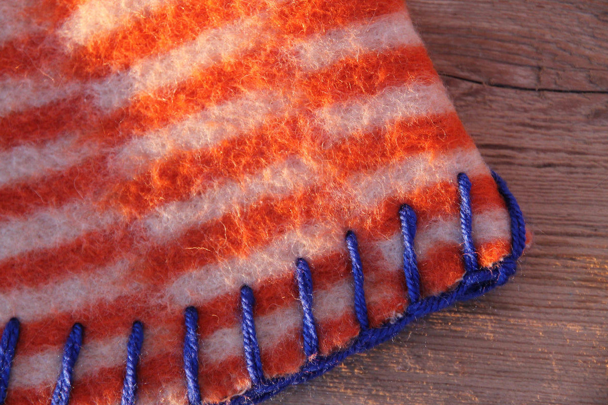 Eco-Friendly Upcycled Wool Sauna Hat – Orange & White Geometric Pattern