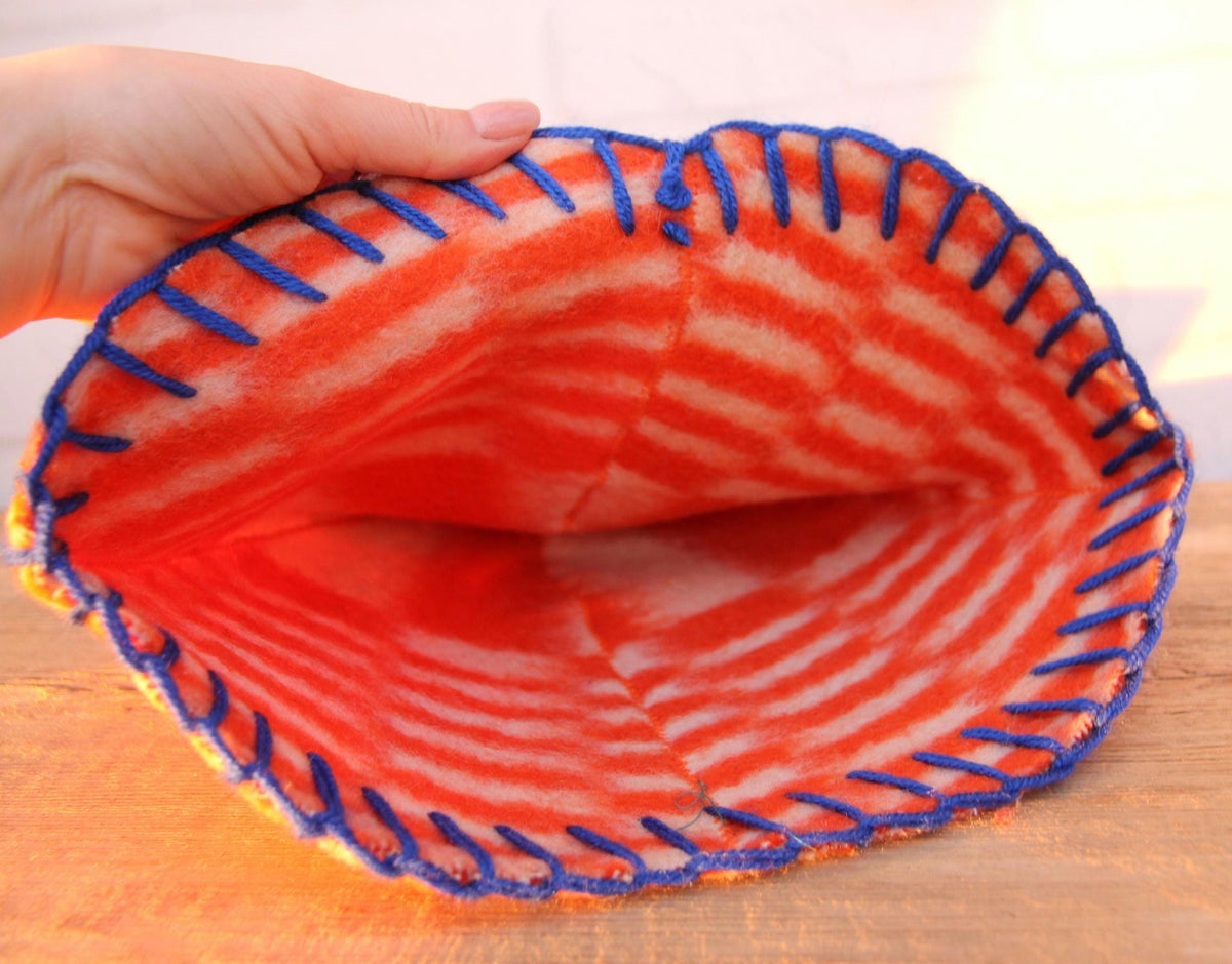 Eco-Friendly Upcycled Wool Sauna Hat – Orange & White Geometric Pattern