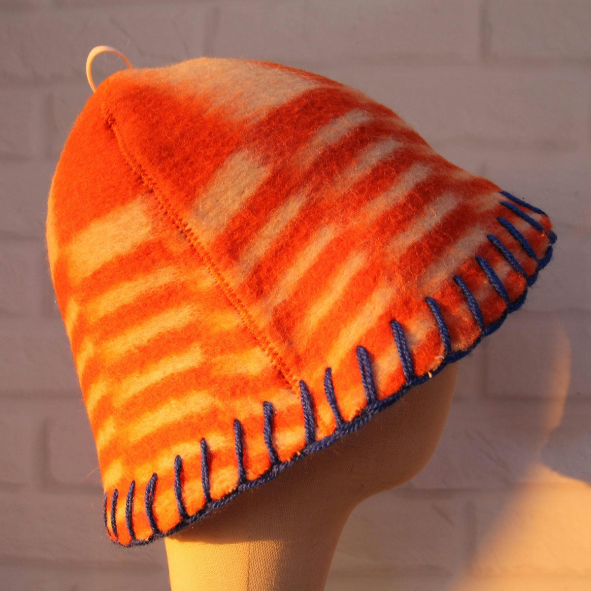 Eco-Friendly Upcycled Wool Sauna Hat – Orange & White Geometric Pattern