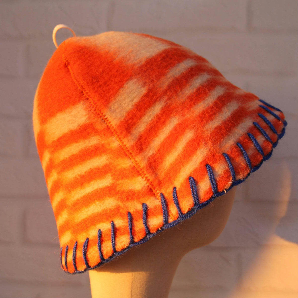 Eco-Friendly Upcycled Wool Sauna Hat – Orange & White Geometric Pattern