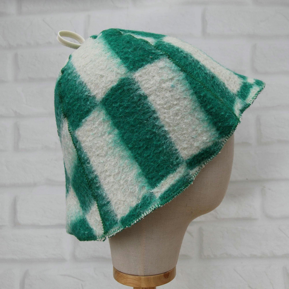 Wool Sauna Hat, Green White Checkered Felted Cap, Banya Spa Protection