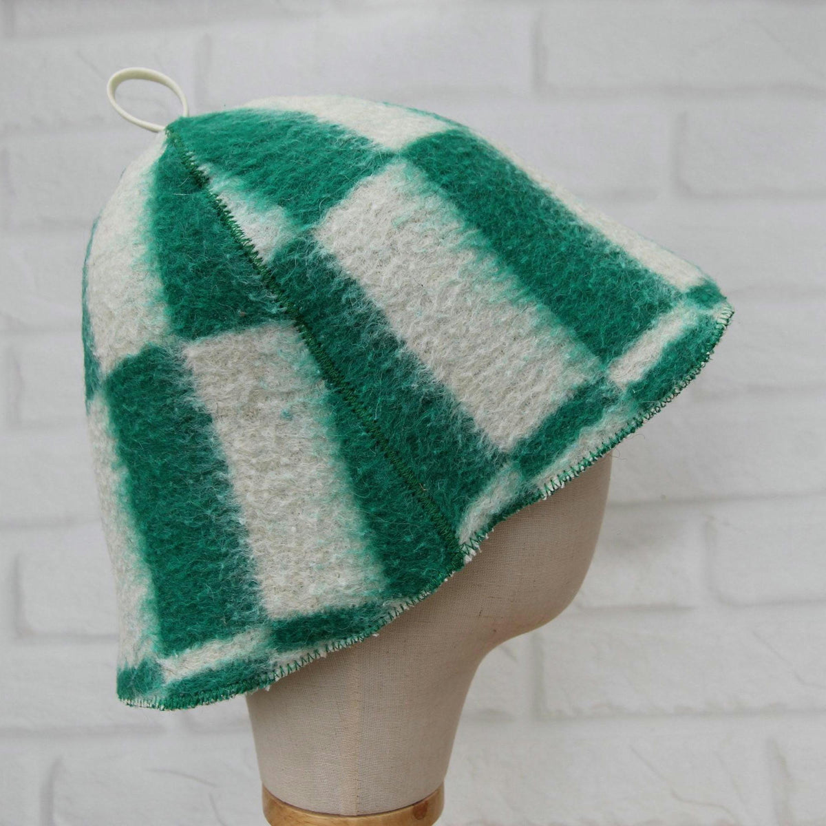 Wool Sauna Hat, Green White Checkered Felted Cap, Banya Spa Protection