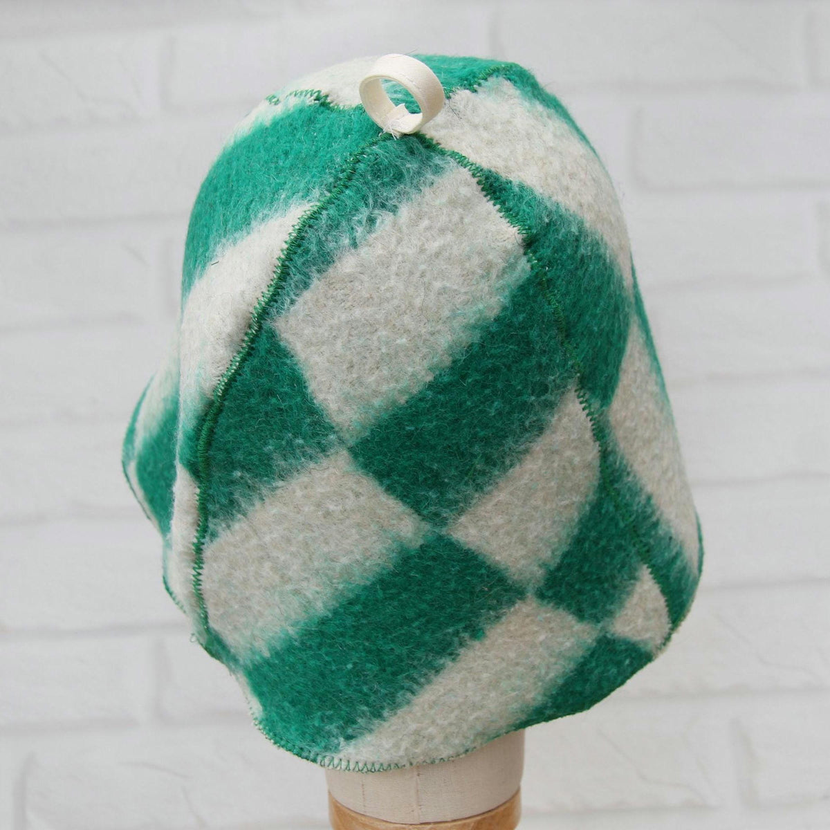 Wool Sauna Hat, Green White Checkered Felted Cap, Banya Spa Protection
