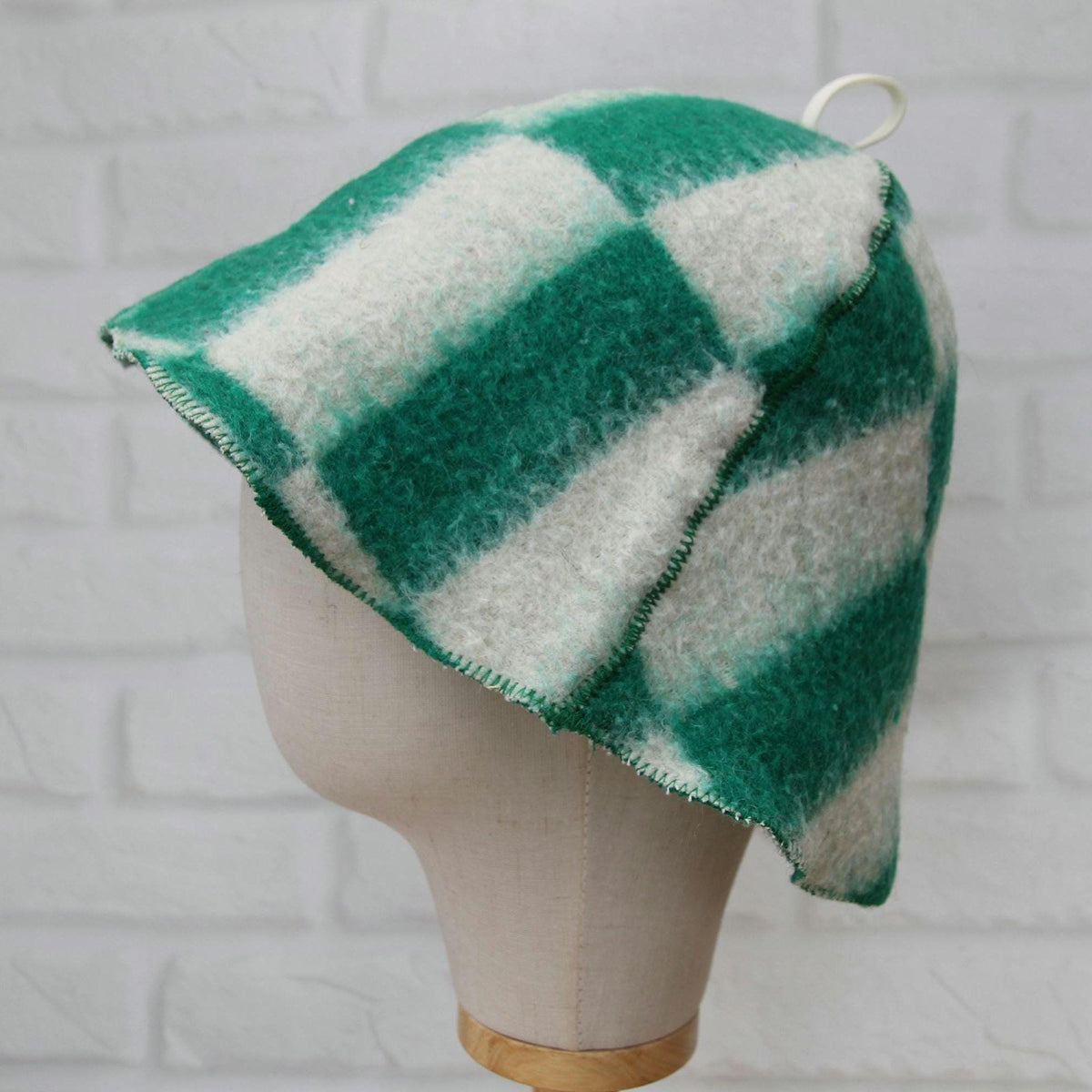 Wool Sauna Hat, Green White Checkered Felted Cap, Banya Spa Protection