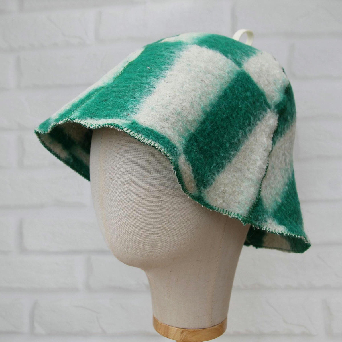 Wool Sauna Hat, Green White Checkered Felted Cap, Banya Spa Protection