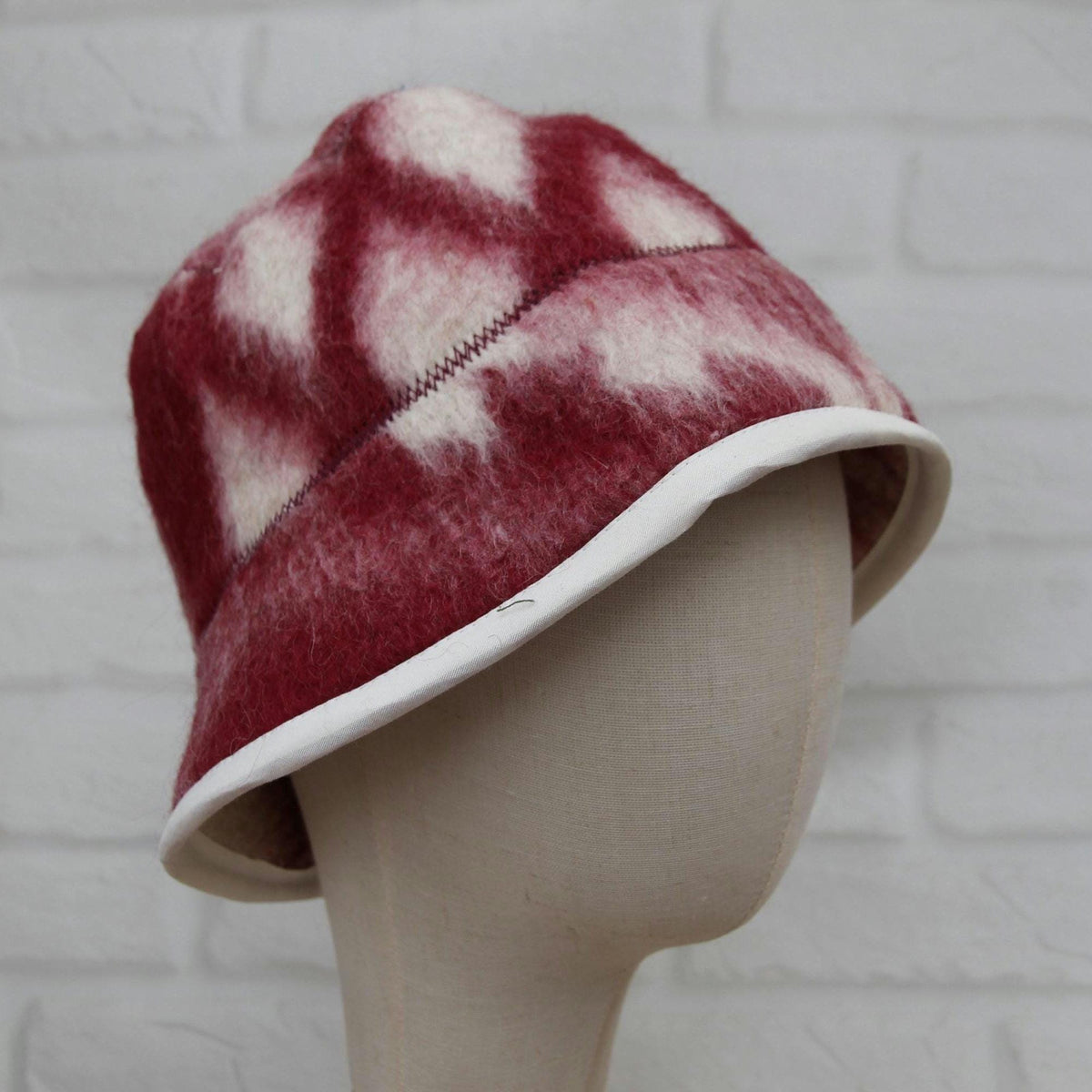 Hand Felted Wool Hat – Burgundy Geometric Sauna Beanie (21-22")
