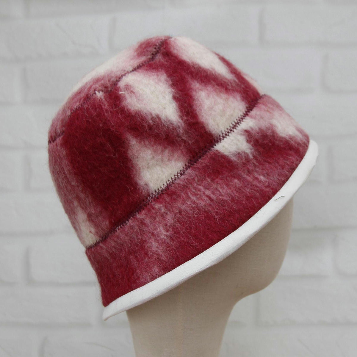 Hand Felted Wool Hat – Burgundy Geometric Sauna Beanie (21-22")