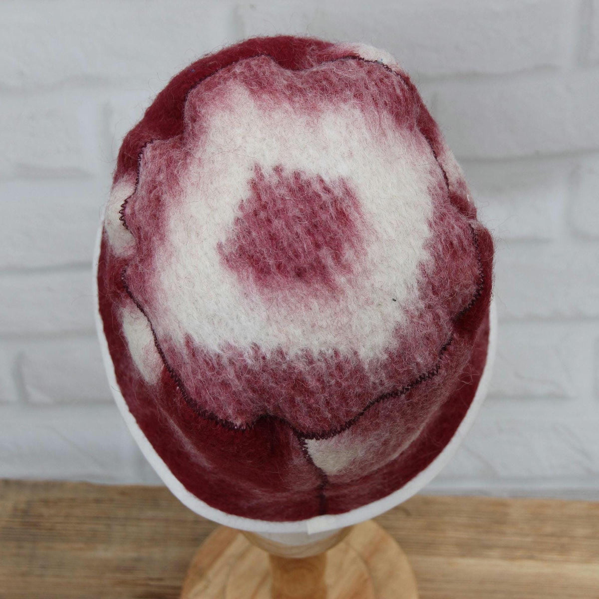 Hand Felted Wool Hat – Burgundy Geometric Sauna Beanie (21-22")