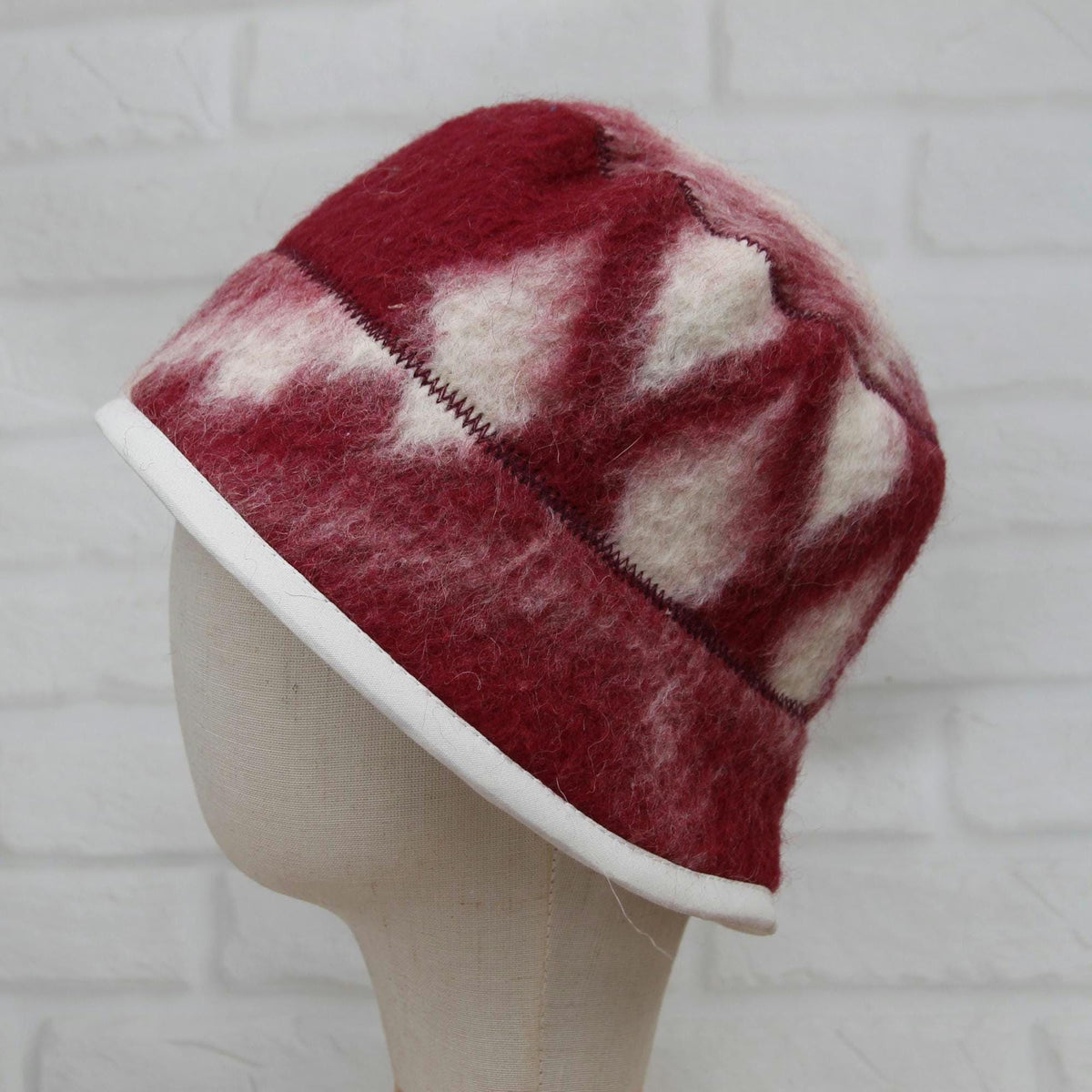 Hand Felted Wool Hat – Burgundy Geometric Sauna Beanie (21-22")