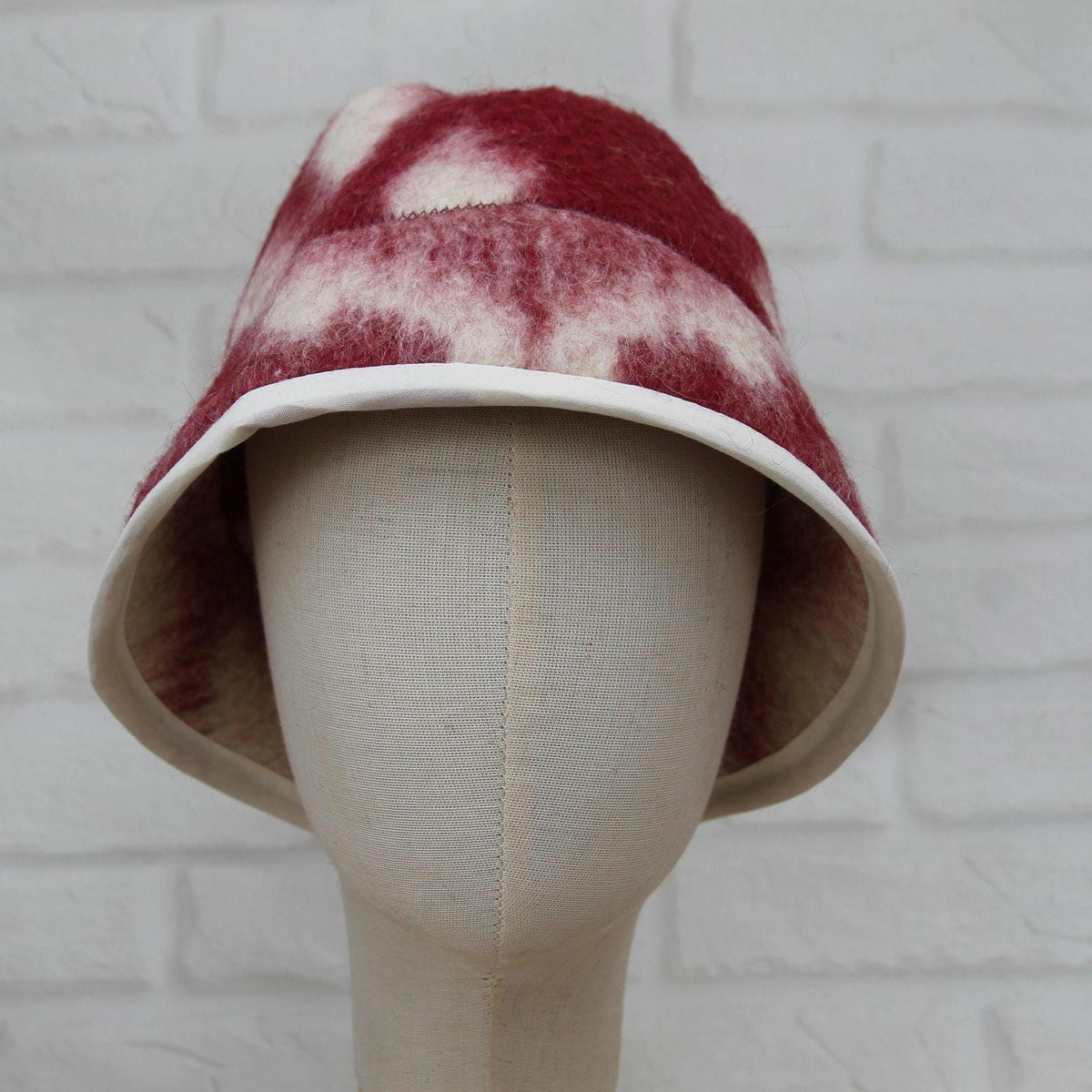 Hand Felted Wool Hat – Burgundy Geometric Sauna Beanie (21-22")