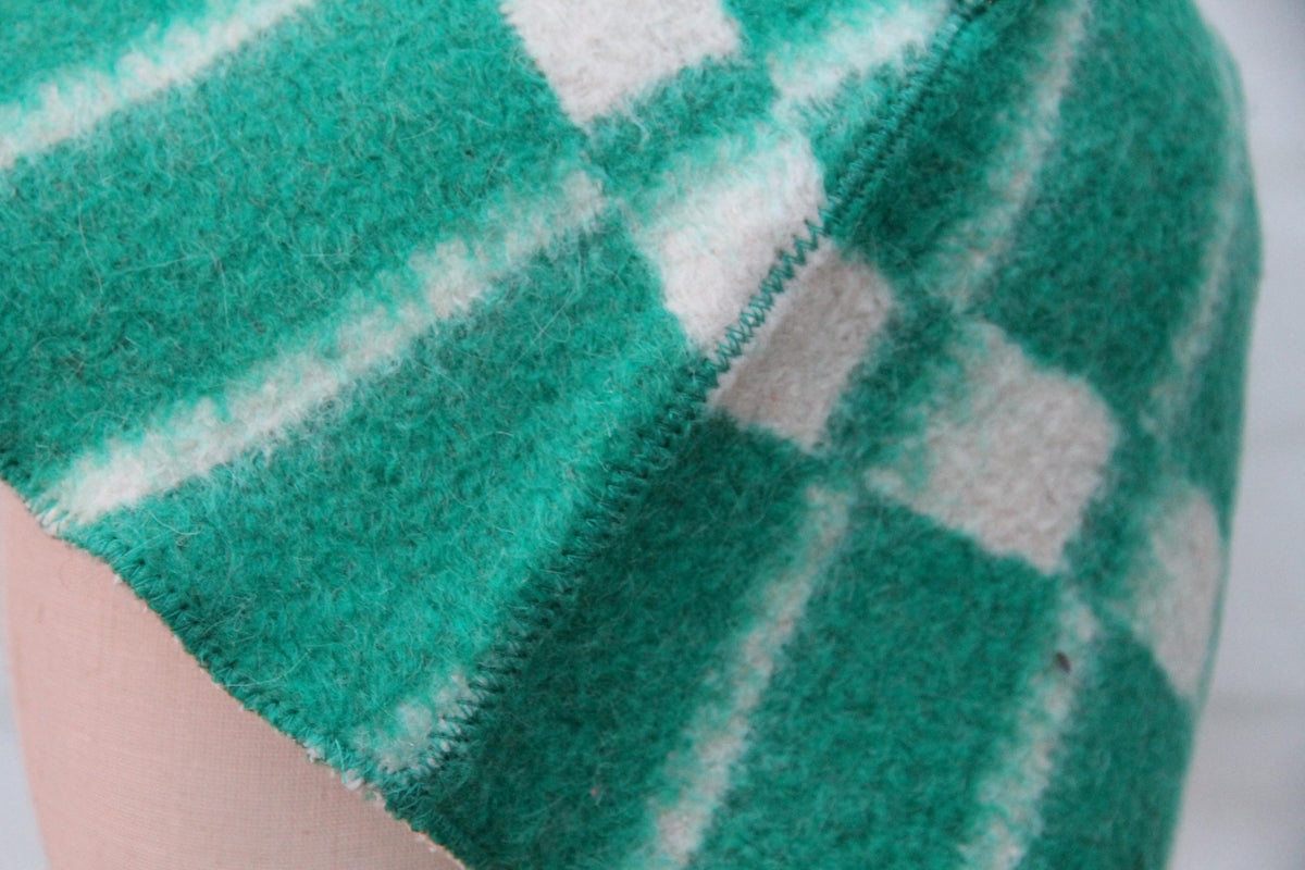 Reversible Wool Sauna Hat, Green Plaid Felt Spa Headwear, Eco-Friendly Reclaimed Wool