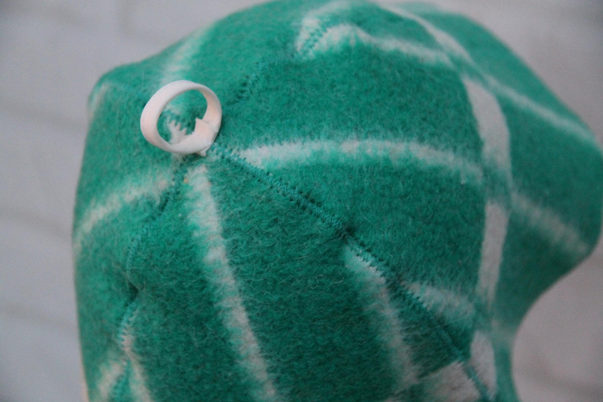 Reversible Wool Sauna Hat, Green Plaid Felt Spa Headwear, Eco-Friendly Reclaimed Wool