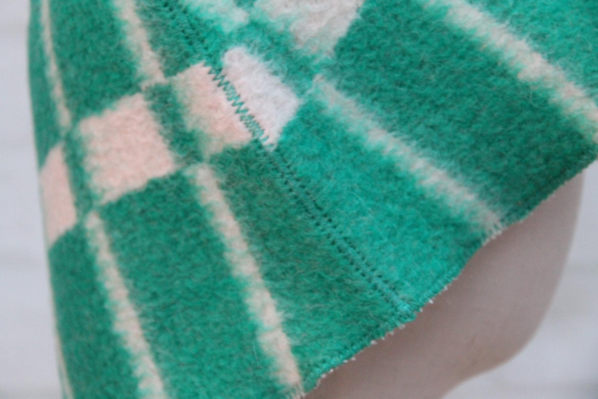 Reversible Wool Sauna Hat, Green Plaid Felt Spa Headwear, Eco-Friendly Reclaimed Wool