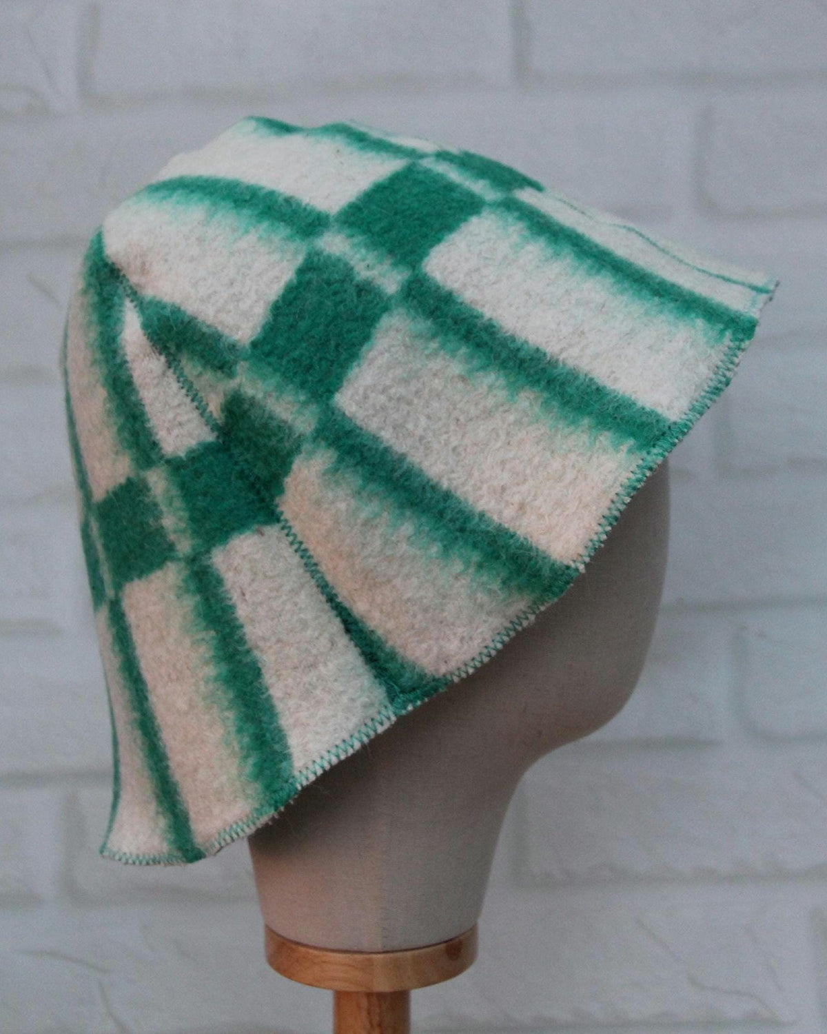 Reversible Wool Sauna Hat, Green Plaid Felt Spa Headwear, Eco-Friendly Reclaimed Wool