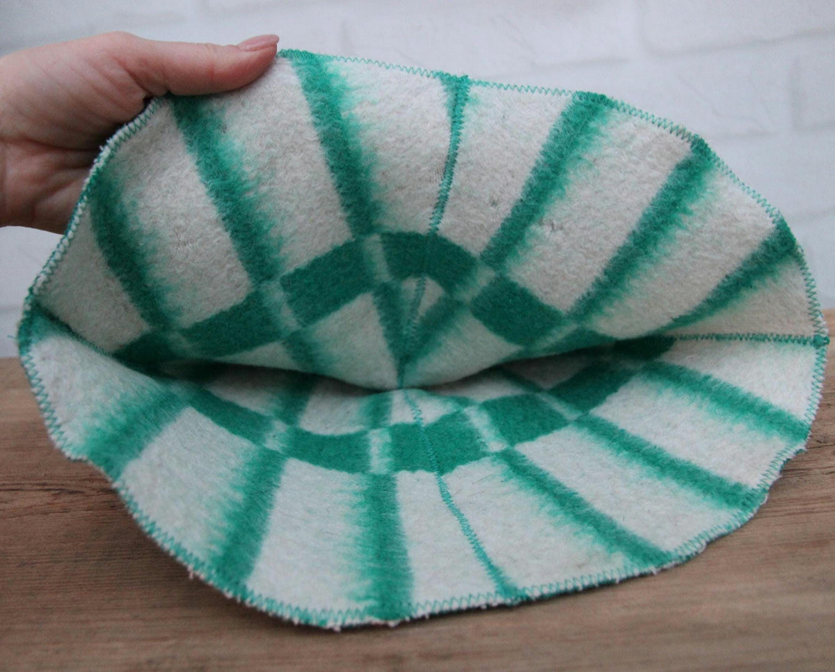 Reversible Wool Sauna Hat, Green Plaid Felt Spa Headwear, Eco-Friendly Reclaimed Wool