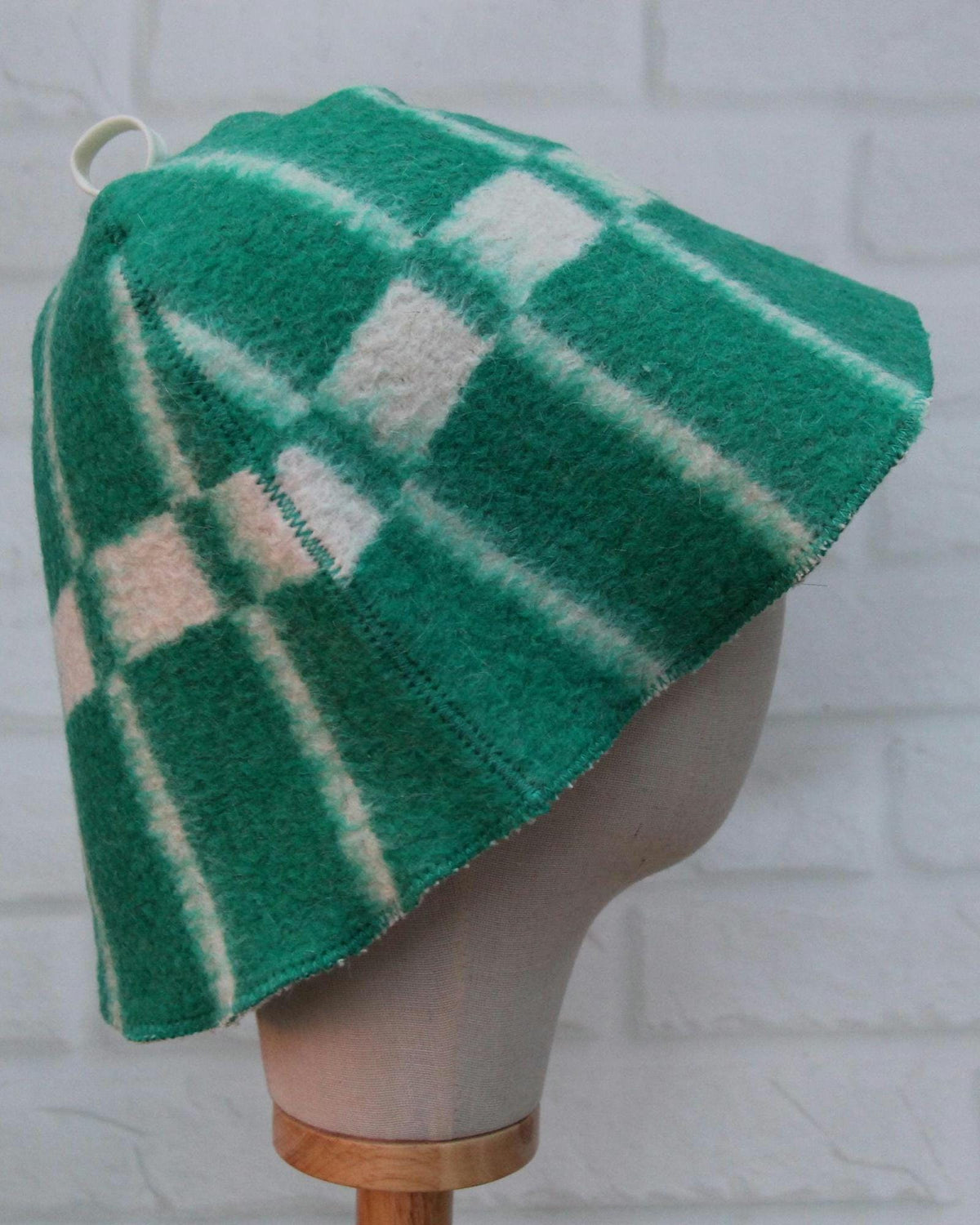 Reversible Wool Sauna Hat, Green Plaid Felt Spa Headwear, Eco-Friendly Reclaimed Wool