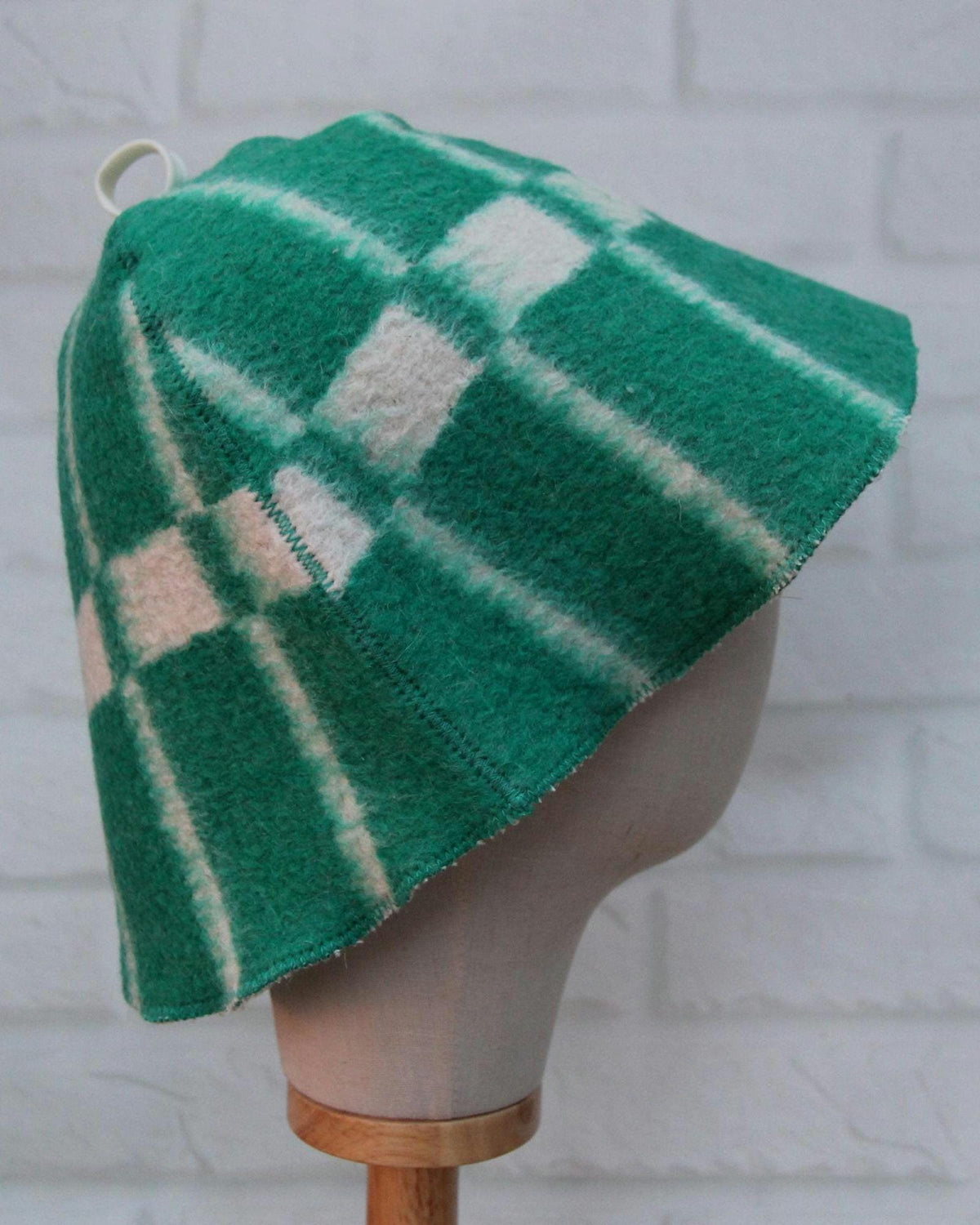 Reversible Wool Sauna Hat, Green Plaid Felt Spa Headwear, Eco-Friendly Reclaimed Wool