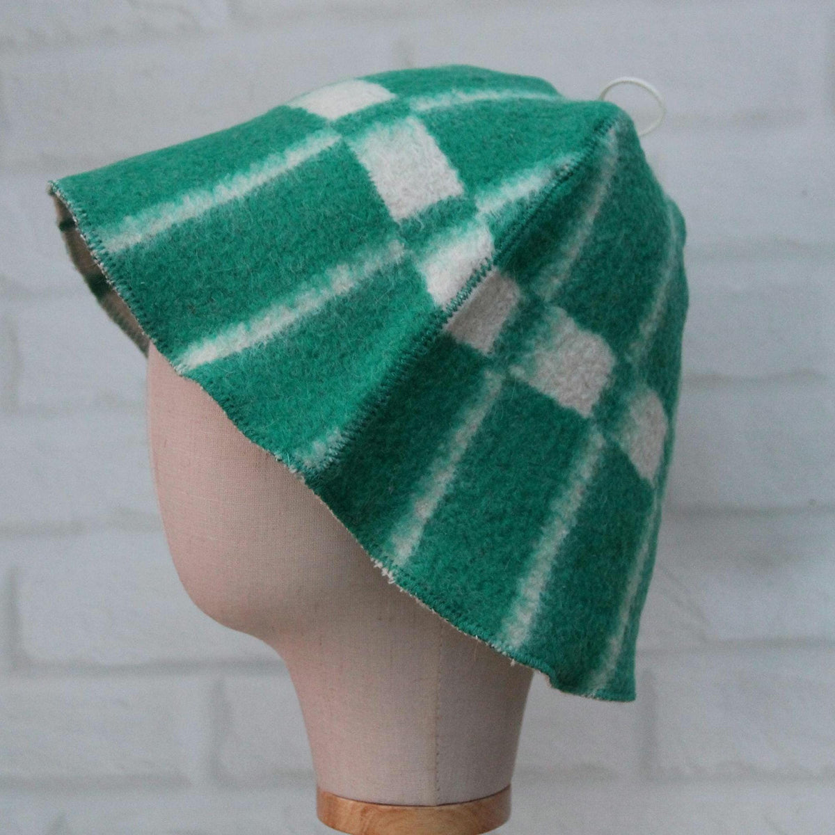 Reversible Wool Sauna Hat, Green Plaid Felt Spa Headwear, Eco-Friendly Reclaimed Wool