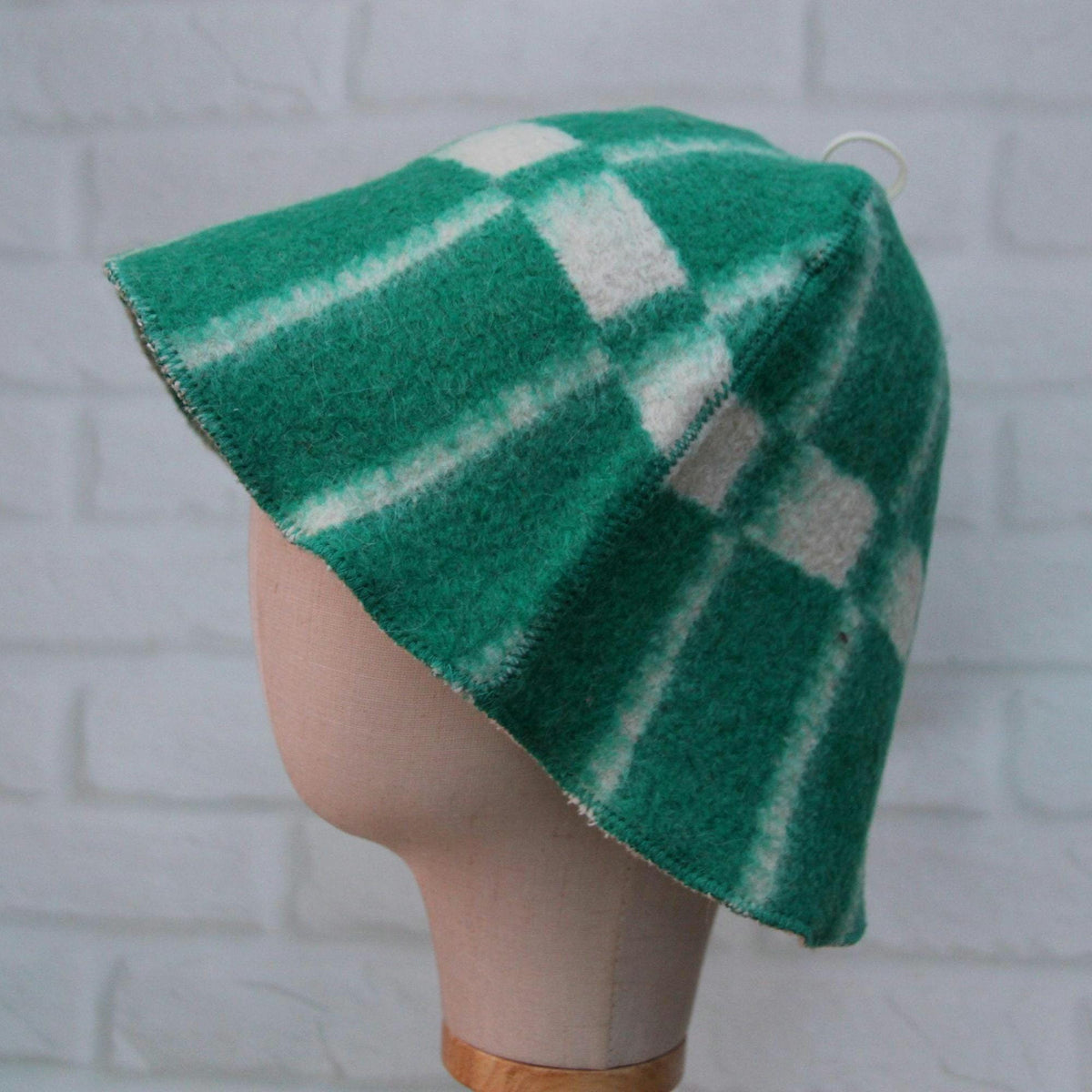 Reversible Wool Sauna Hat, Green Plaid Felt Spa Headwear, Eco-Friendly Reclaimed Wool
