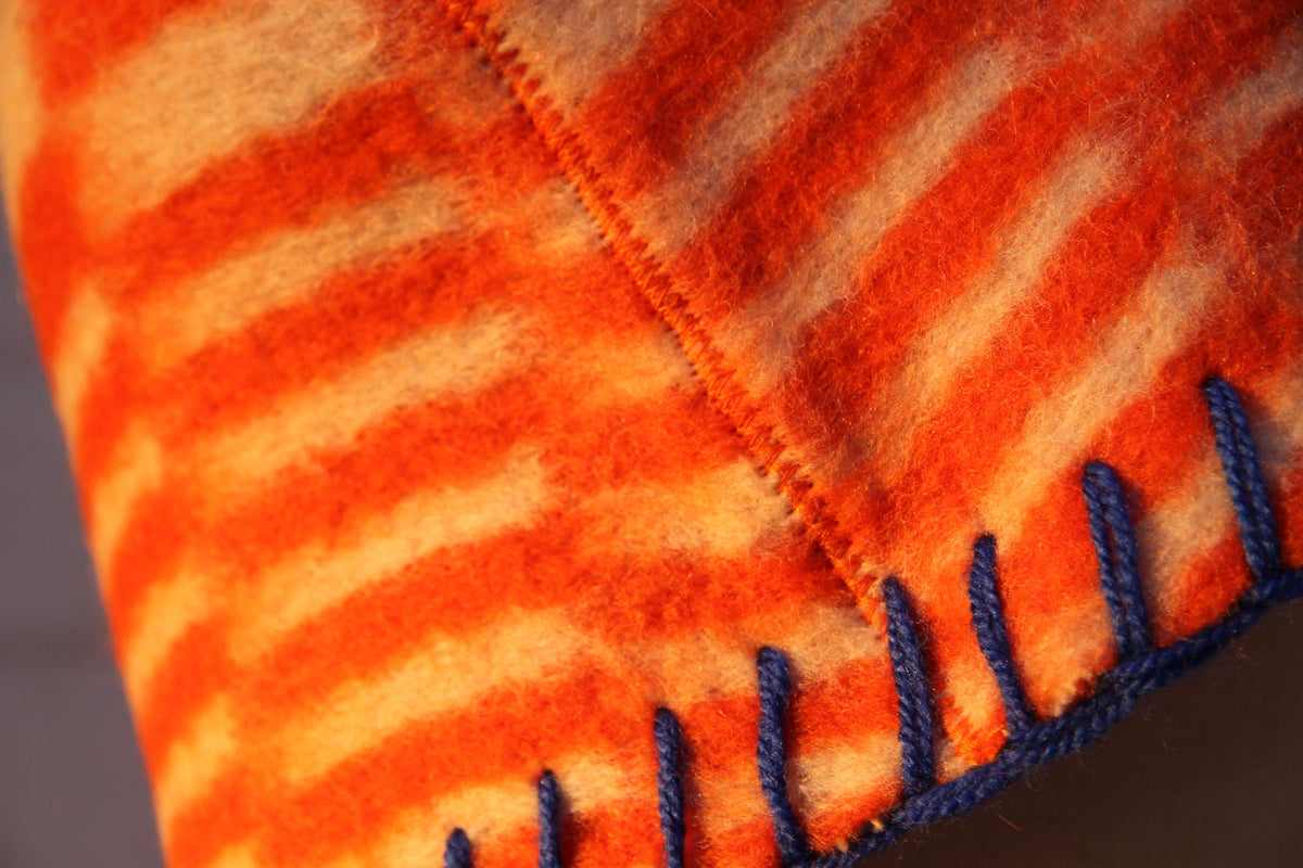 Eco-Friendly Upcycled Wool Sauna Hat – Orange & White Geometric Pattern