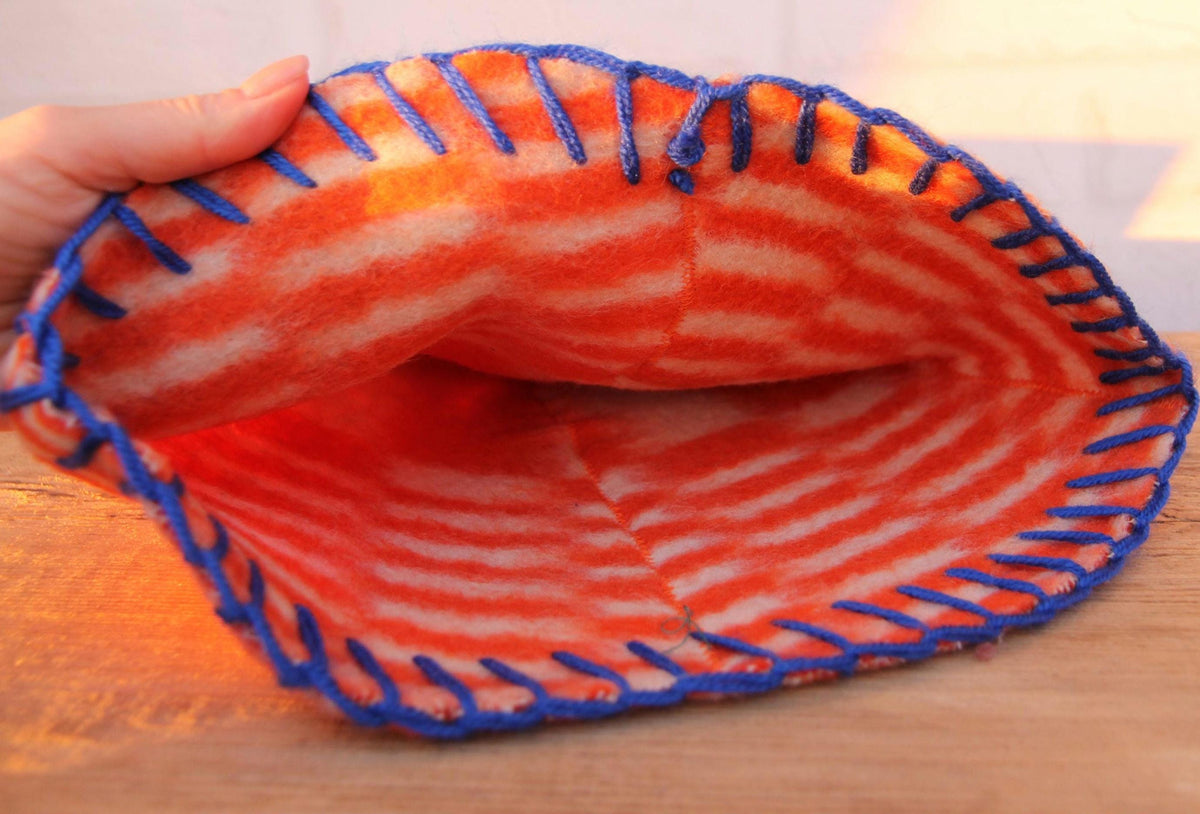 Eco-Friendly Upcycled Wool Sauna Hat – Orange & White Geometric Pattern