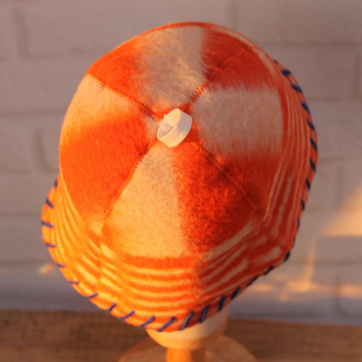 Eco-Friendly Upcycled Wool Sauna Hat – Orange & White Geometric Pattern